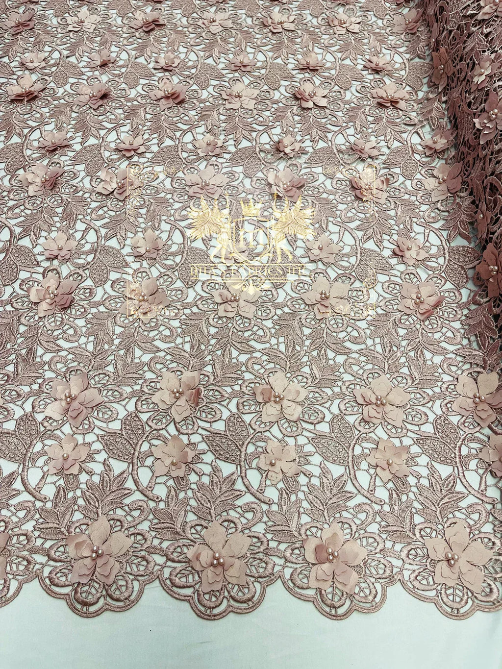Guipure Floral Lace Fabric - Dusty Rose - Floral Pearls Guipure Fabric Sold By Yard