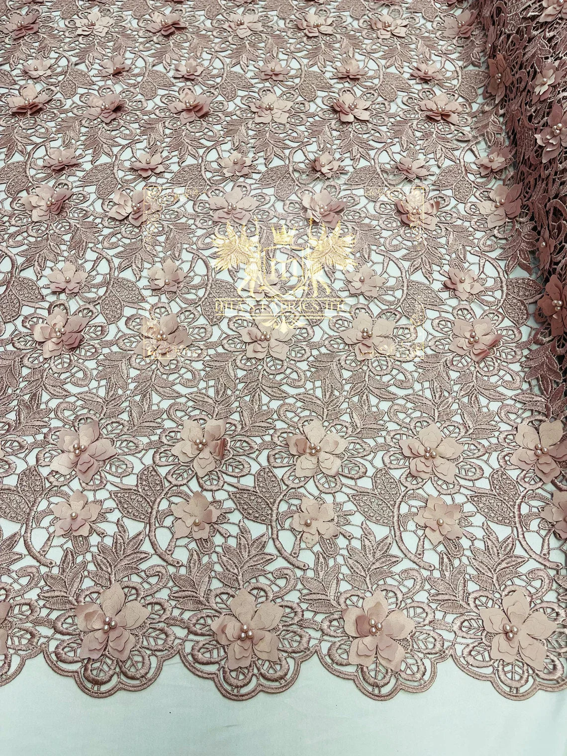 Guipure Floral Lace Fabric - Dusty Rose - Floral Pearls Guipure Fabric Sold By Yard