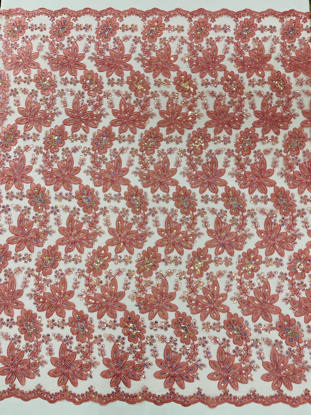 Corded Lace Floral Fabric - Dusty Rose - Hologram Sequins Metallic Thread Floral Fabric by Yard