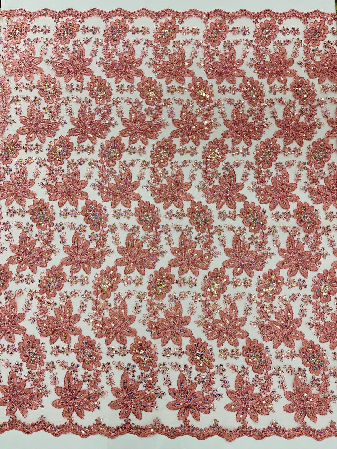 Corded Lace Floral Fabric - Dusty Rose - Hologram Sequins Metallic Thread Floral Fabric by Yard
