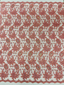 Corded Lace Floral Fabric - Dusty Rose - Hologram Sequins Metallic Thread Floral Fabric by Yard