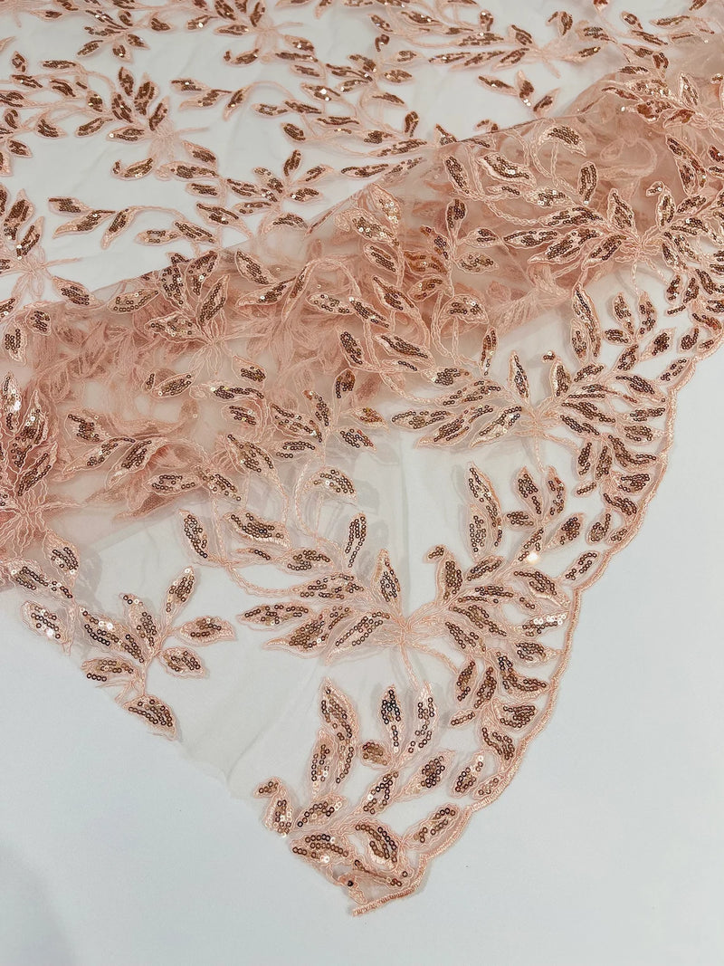 Metallic Thread Leaf Design - Dusty Rose - Embroidered Leaf With Sequins Design on Mesh Lace Fabric by the Yard