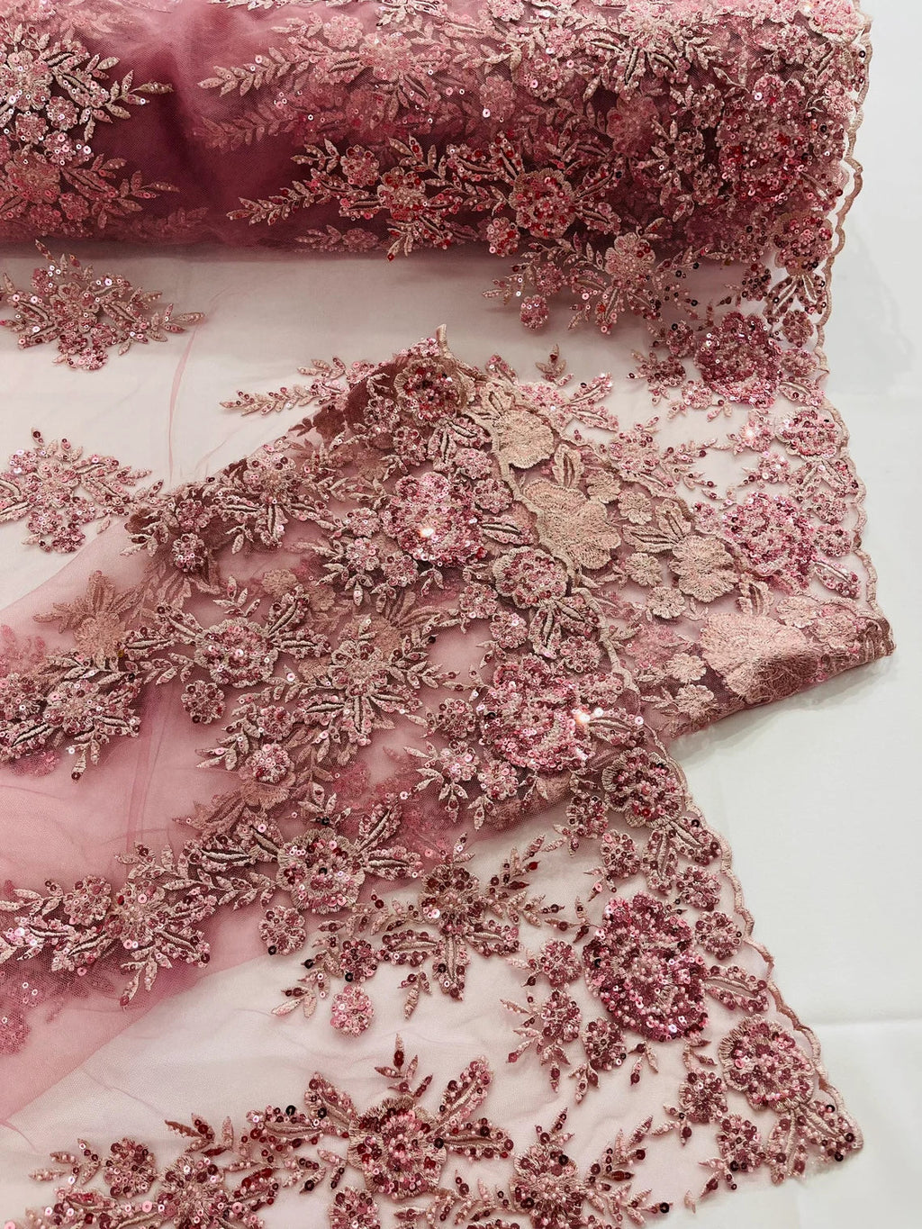 Beaded Rose Flower Fabric - Dusty Rose - Embroidered Beaded Long Border Floral Fabric By Yard