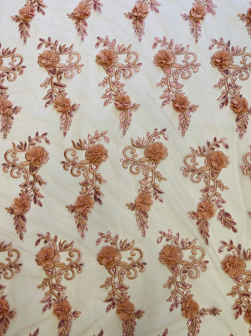 3D Flower Cluster Fabric - Dusty Rose - 3D Flower Leaf Design Fabric with Pearls Sold By Yard