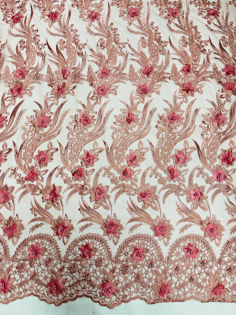 3D Floral Leaf Panels - Dusty Rose - Embroidered 3D Flower Lines with Pearls on Lace By Yard