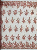 3D Floral Fabric with Floral Border - Dusty Rose - Embroidered Floral Fabric with Sequin and Beads By Yard