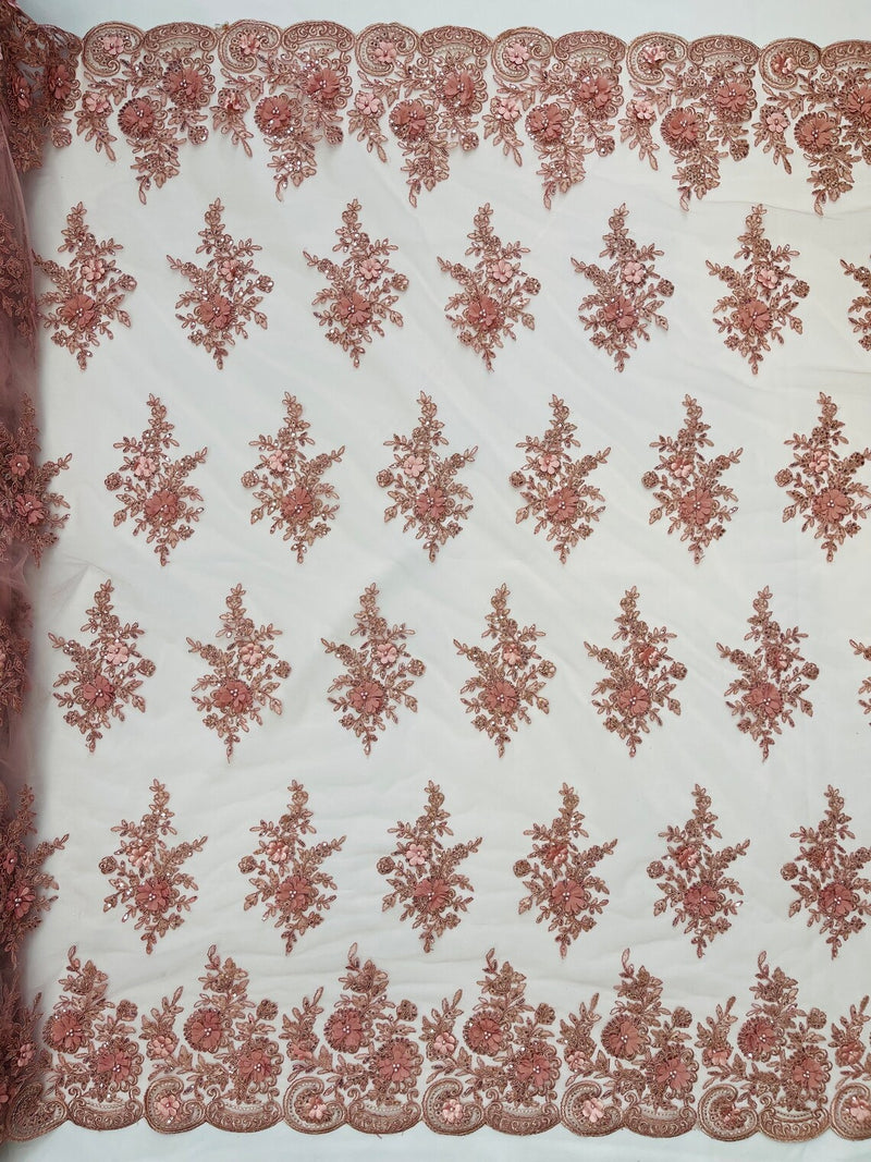 3D Floral Fabric with Floral Border - Dusty Rose - Embroidered Floral Fabric with Sequin and Beads By Yard