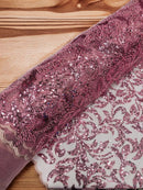 Beaded Flower Leaf Fabric - Dusty Rose - Shiny Beads and Sequins in Flower Design on Lace by Yard