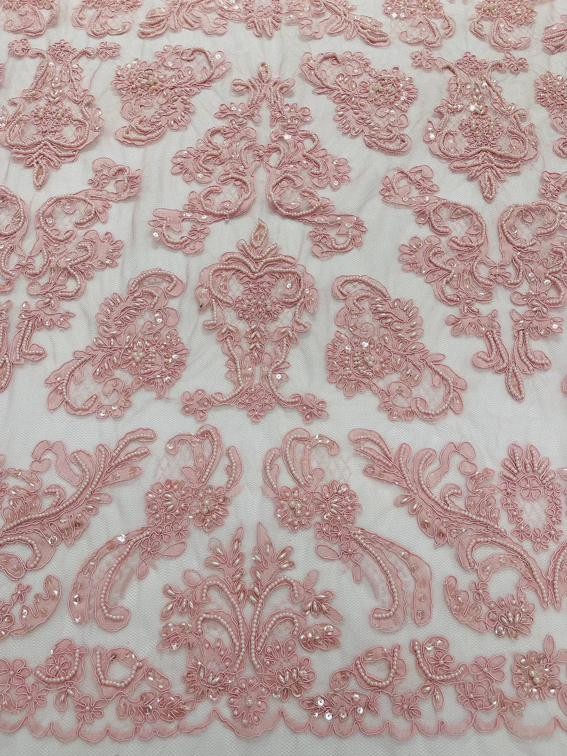 Beaded My Lady Damask Design - Dusty Rose - Beaded Fancy Damask Embroidered Fabric By Yard