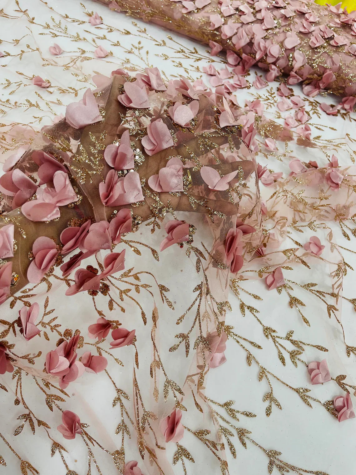 3D Flower Glitter Fabric - Dusty Rose - Flower Design on Glitter Mesh Fabric Sold By Yard