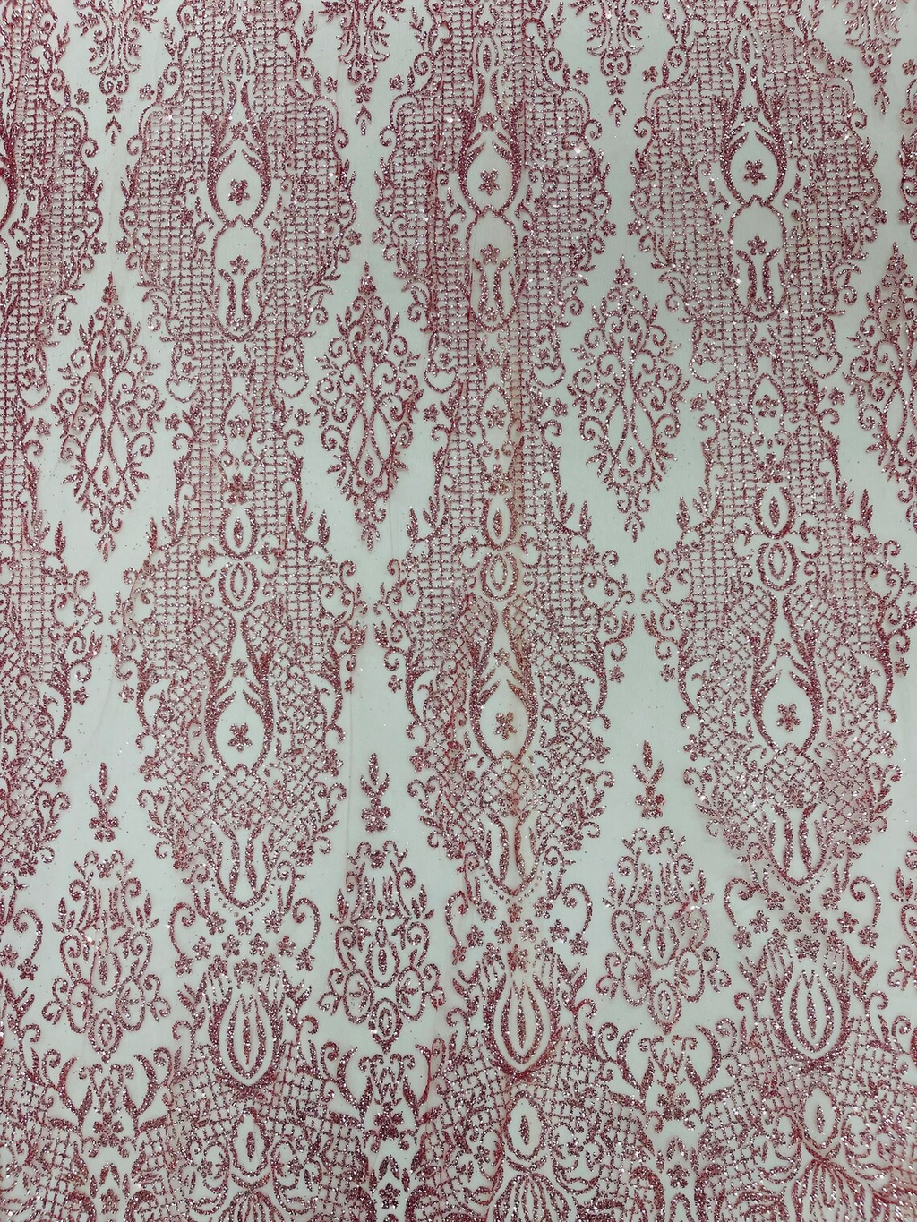 Long Damask Glitter Design - Silver - Tulle Mesh with Mermaid Tail Glitter Design Sold By Yard