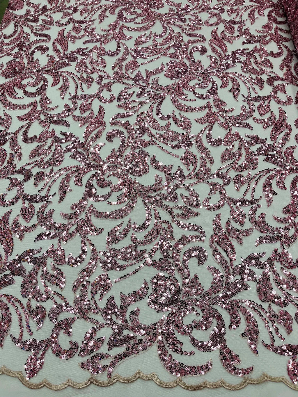 Beaded Flower Leaf Fabric - Dusty Rose - Shiny Beads and Sequins in Flower Design on Lace by Yard
