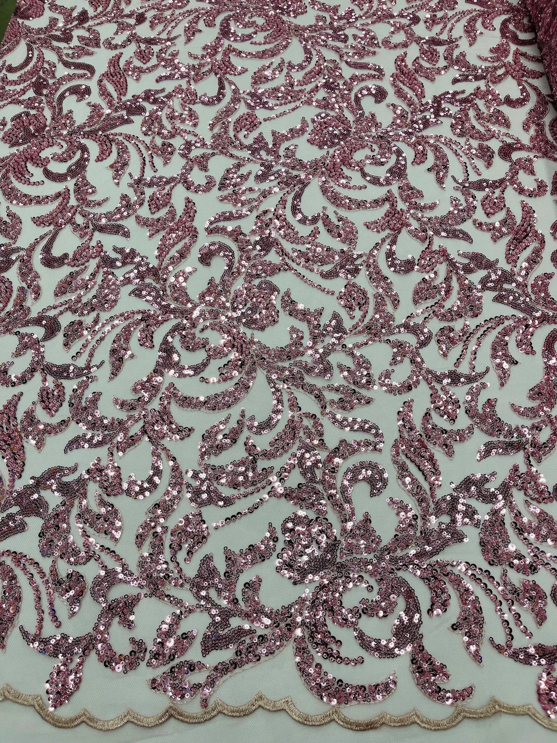 Beaded Flower Leaf Fabric - Dusty Rose - Shiny Beads and Sequins in Flower Design on Lace by Yard