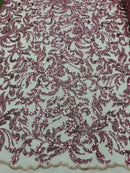 Beaded Flower Leaf Fabric - Dusty Rose - Shiny Beads and Sequins in Flower Design on Lace by Yard