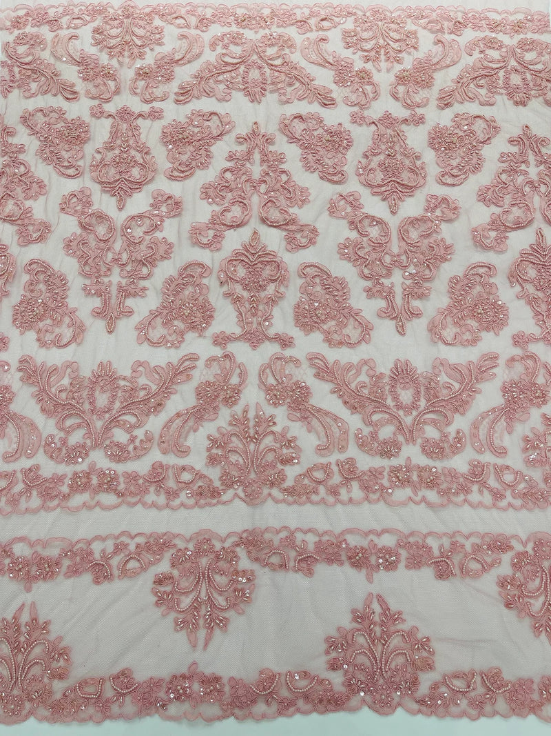 Beaded My Lady Damask Design - Dusty Rose - Beaded Fancy Damask Embroidered Fabric By Yard