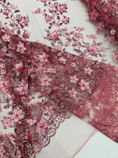 3D Flower Glitter Fabric - Dusty Rose - Floral Glitter Sequin Design on Lace Mesh Fabric by Yard