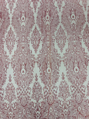Long Damask Glitter Design - Silver - Tulle Mesh with Mermaid Tail Glitter Design Sold By Yard