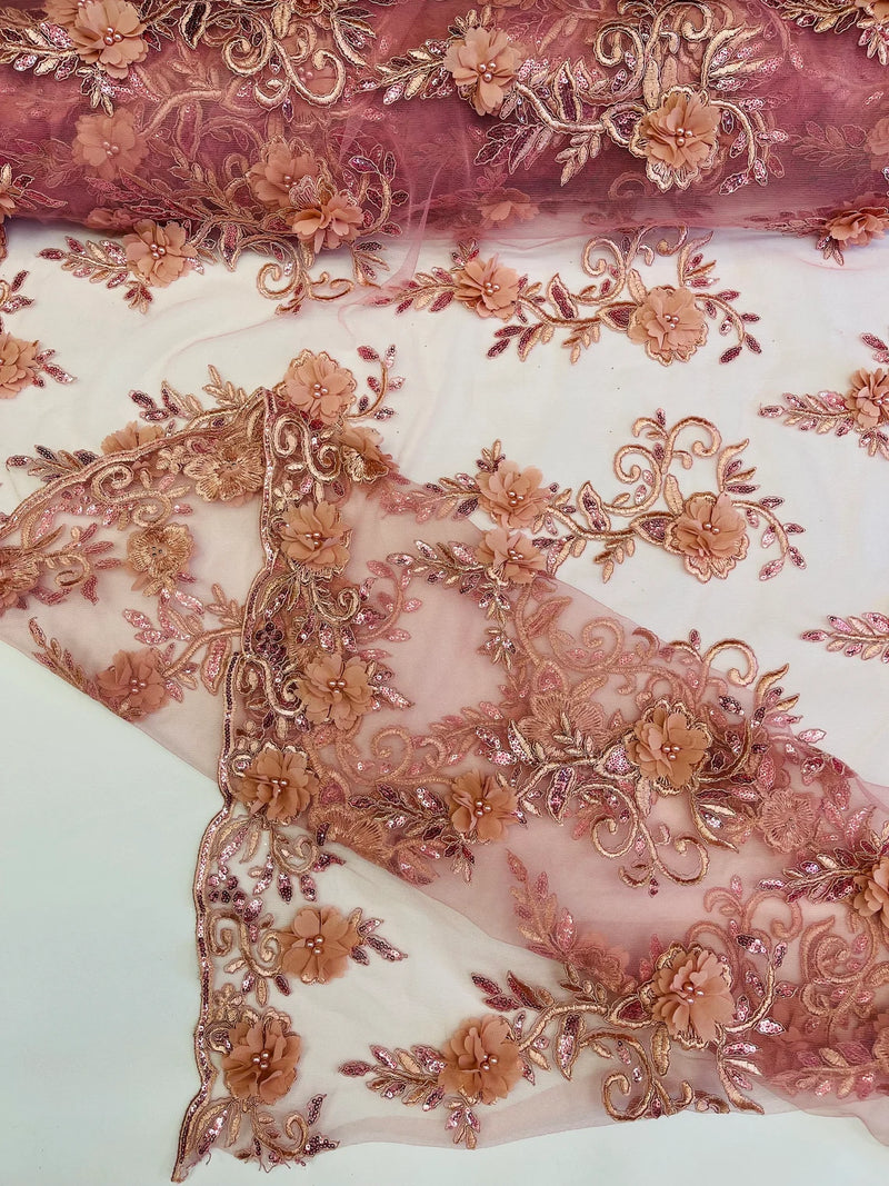 3D Flower Cluster Fabric - Dusty Rose - 3D Flower Leaf Design Fabric with Pearls Sold By Yard