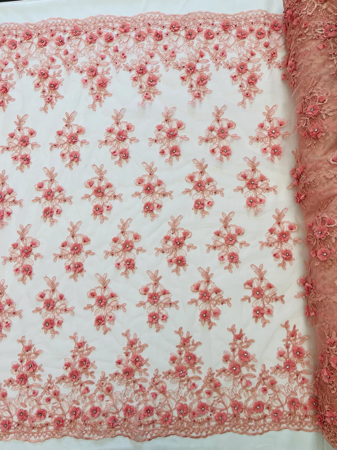 3D Embroidered Floral Fabric - Dusty Rose - 3D Rhinestone and Sequins Floral Fabric Sold By Yard