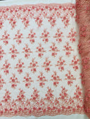 3D Embroidered Floral Fabric - Dusty Rose - 3D Rhinestone and Sequins Floral Fabric Sold By Yard