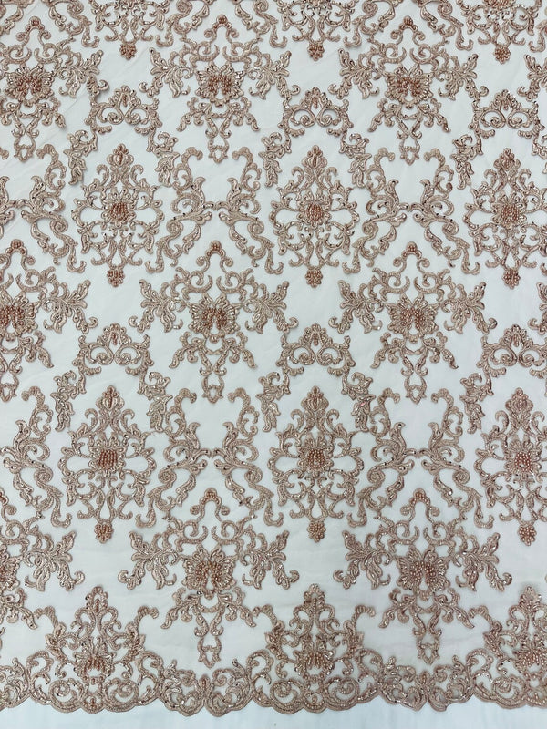 Butterfly Bead Sequins Fabric - Dusty Rose  - Damask Beaded Sequins Lace Fabric by the yard