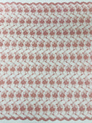 Embroidered Flower Fabric - Dusty Rose - Floral Design Scalloped Border Fabric By Yard