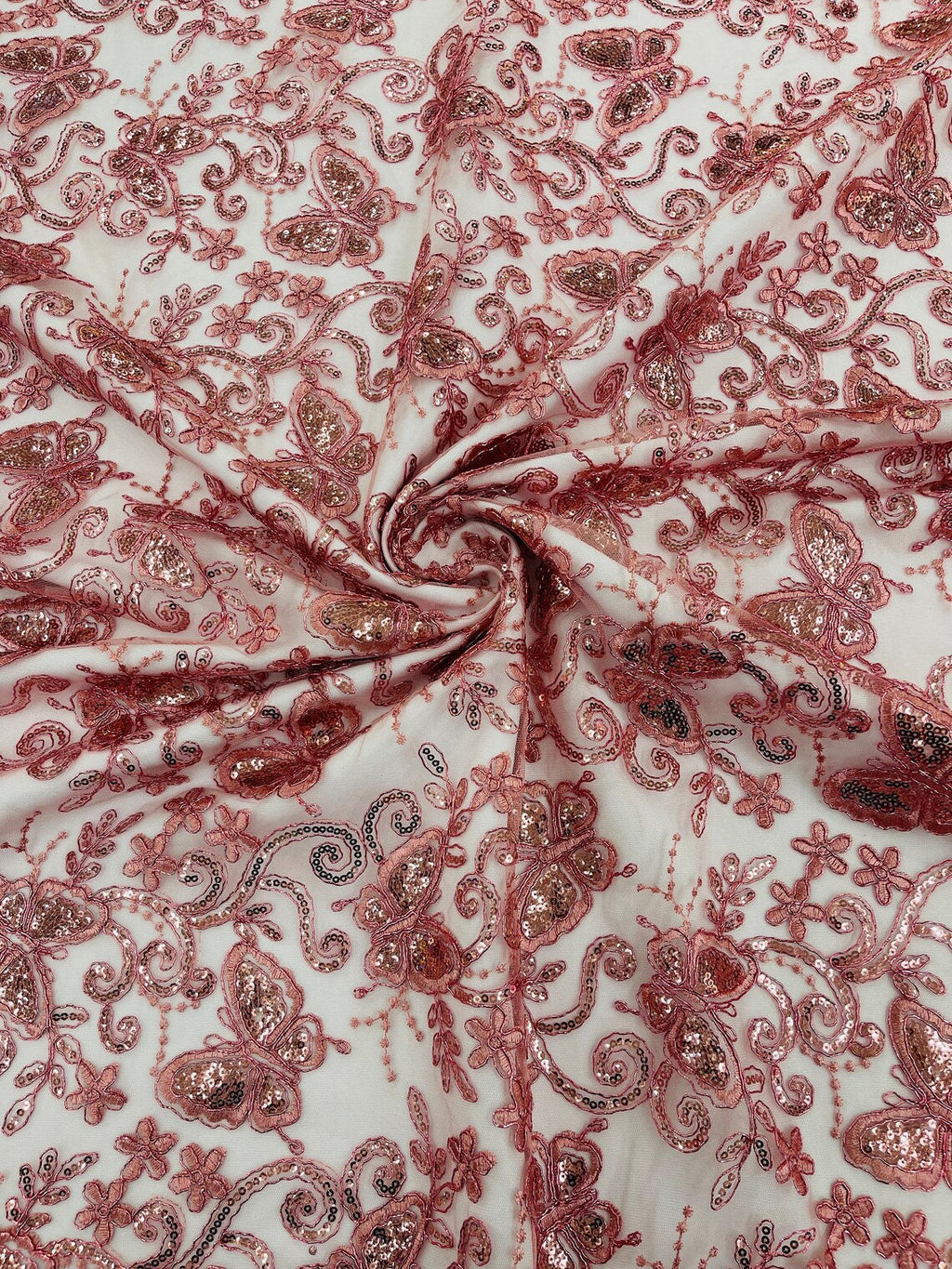 Butterfly Sequins Fabric - Dusty Rose - Metallic Floral Butterfly Design on Lace Fabric By Yard