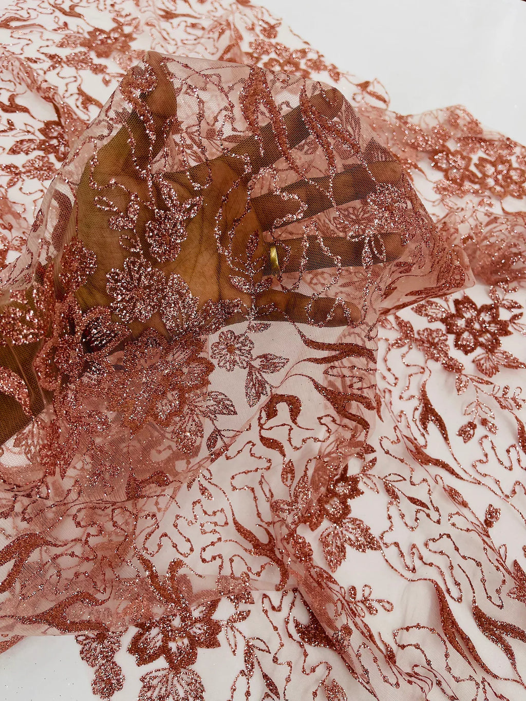 Flower Glitter Fabric - Dusty Rose - 3D Floral Tulle Fabric for Wedding, Quinceañera By Yard