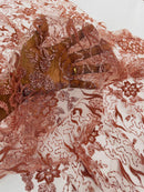 Flower Glitter Fabric - Dusty Rose - 3D Floral Tulle Fabric for Wedding, Quinceañera By Yard