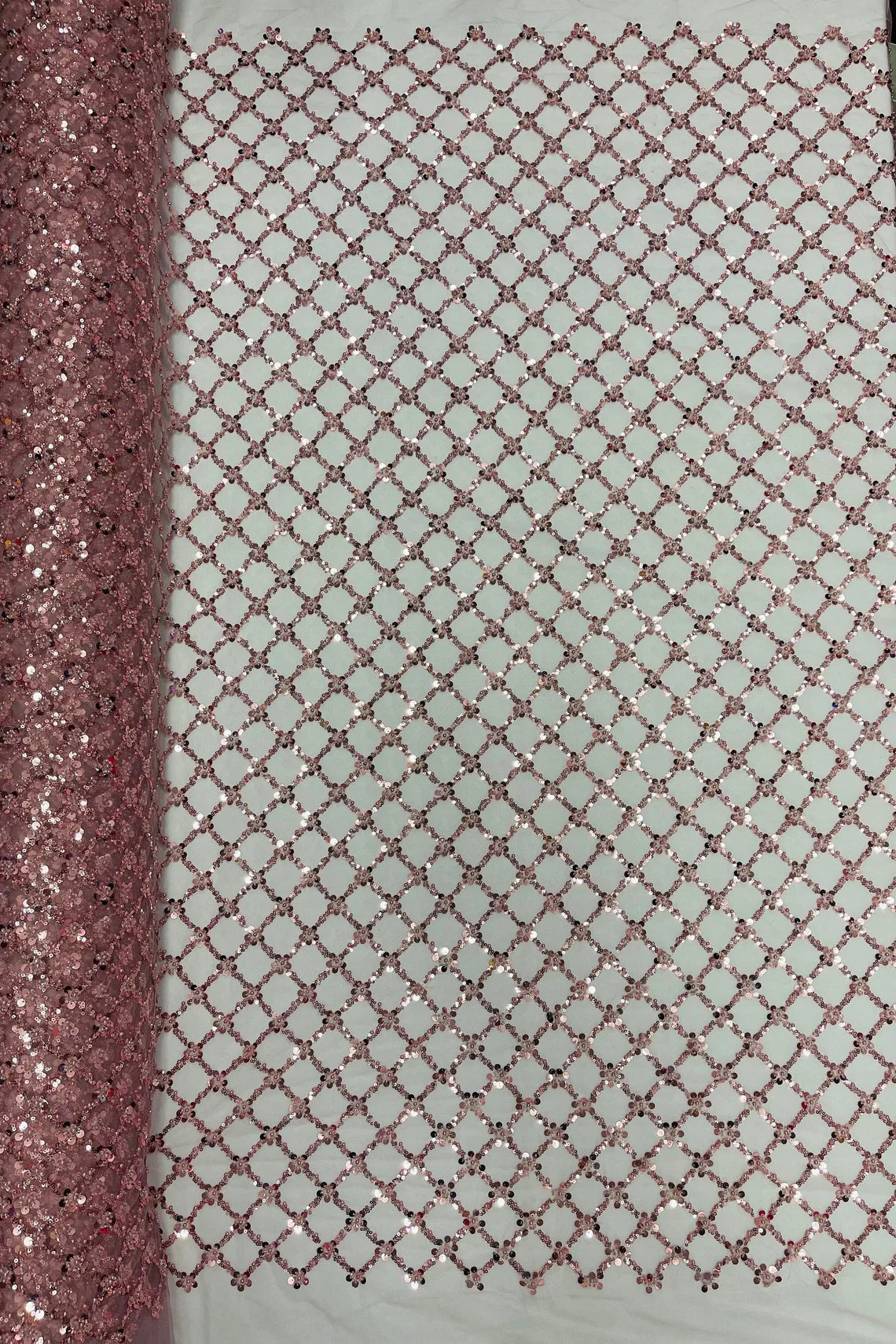 Beaded Diamond Net Fabric - Dusty Rose - Embroidered Geometric Beaded Sequins Fabric Sold By Yard