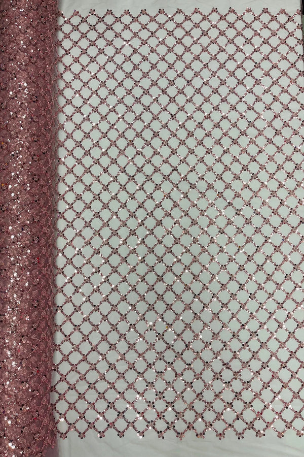 Beaded Diamond Net Fabric - Dusty Rose - Embroidered Geometric Beaded Sequins Fabric Sold By Yard