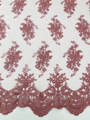 Floral Damask Lace Fabric - Dusty Rose - Embroidered Damask Flowers on Lace Fabric By Yard
