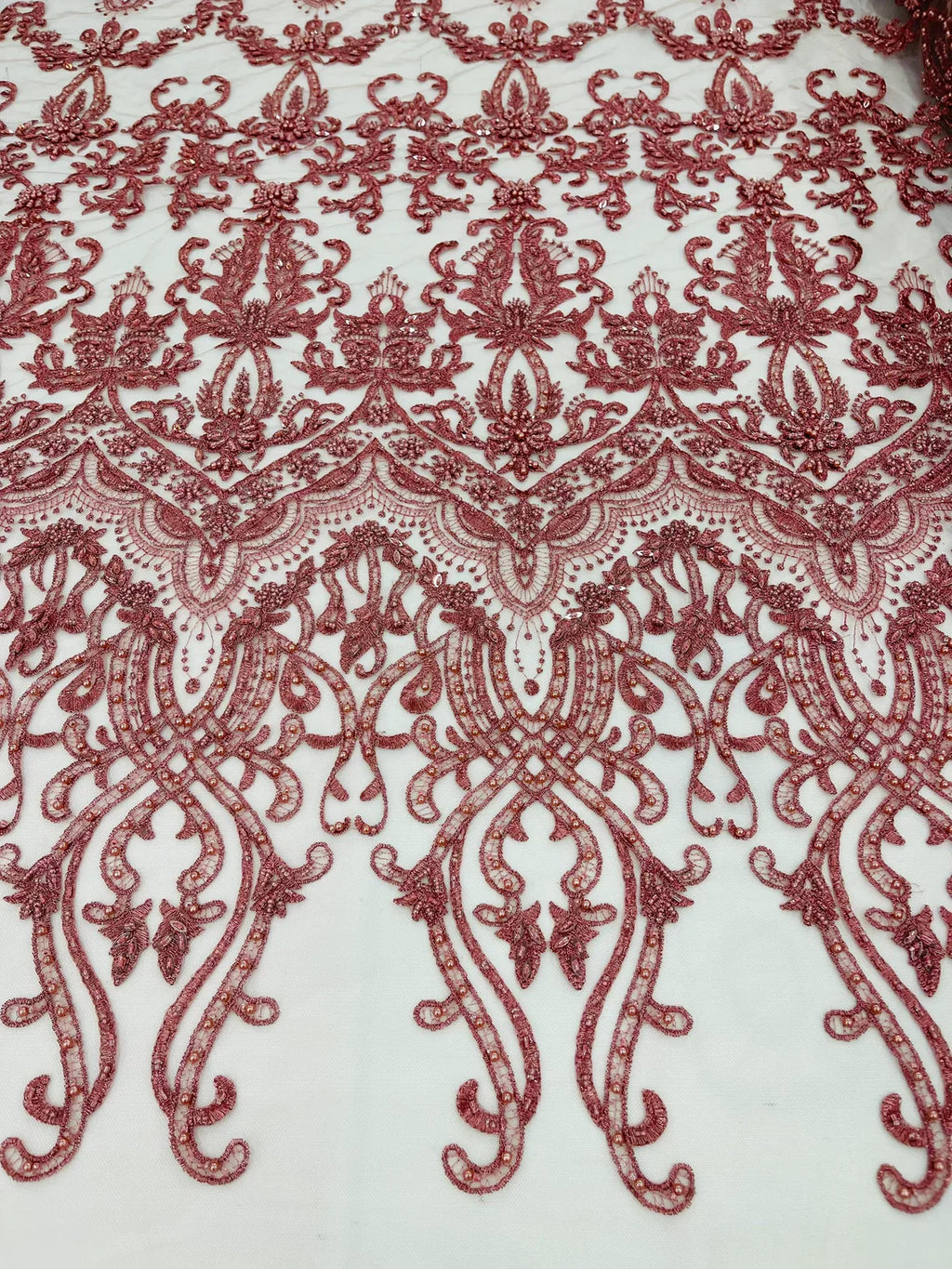Damask Bead Fabric - Dusty Rose - Embroidered Glamorous Fabric with Round Beads Sold By Yard