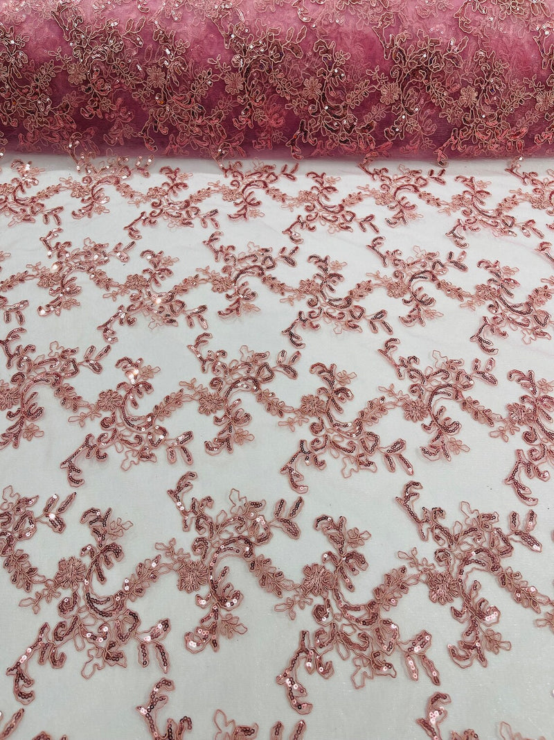 Floral Sequins Lace Fabric - Dusty Rose - Embroidery Flower Clusters Design with Shiny Sequins  Fabric Sold By Yard