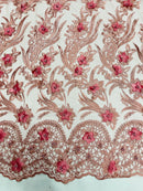 3D Floral Leaf Panels - Dusty Rose - Embroidered 3D Flower Lines with Pearls on Lace By Yard
