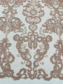 King Lace Pattern Fabric - Dusty Rose - Embroidered Sequins on Lace Mesh Fabric By Yard