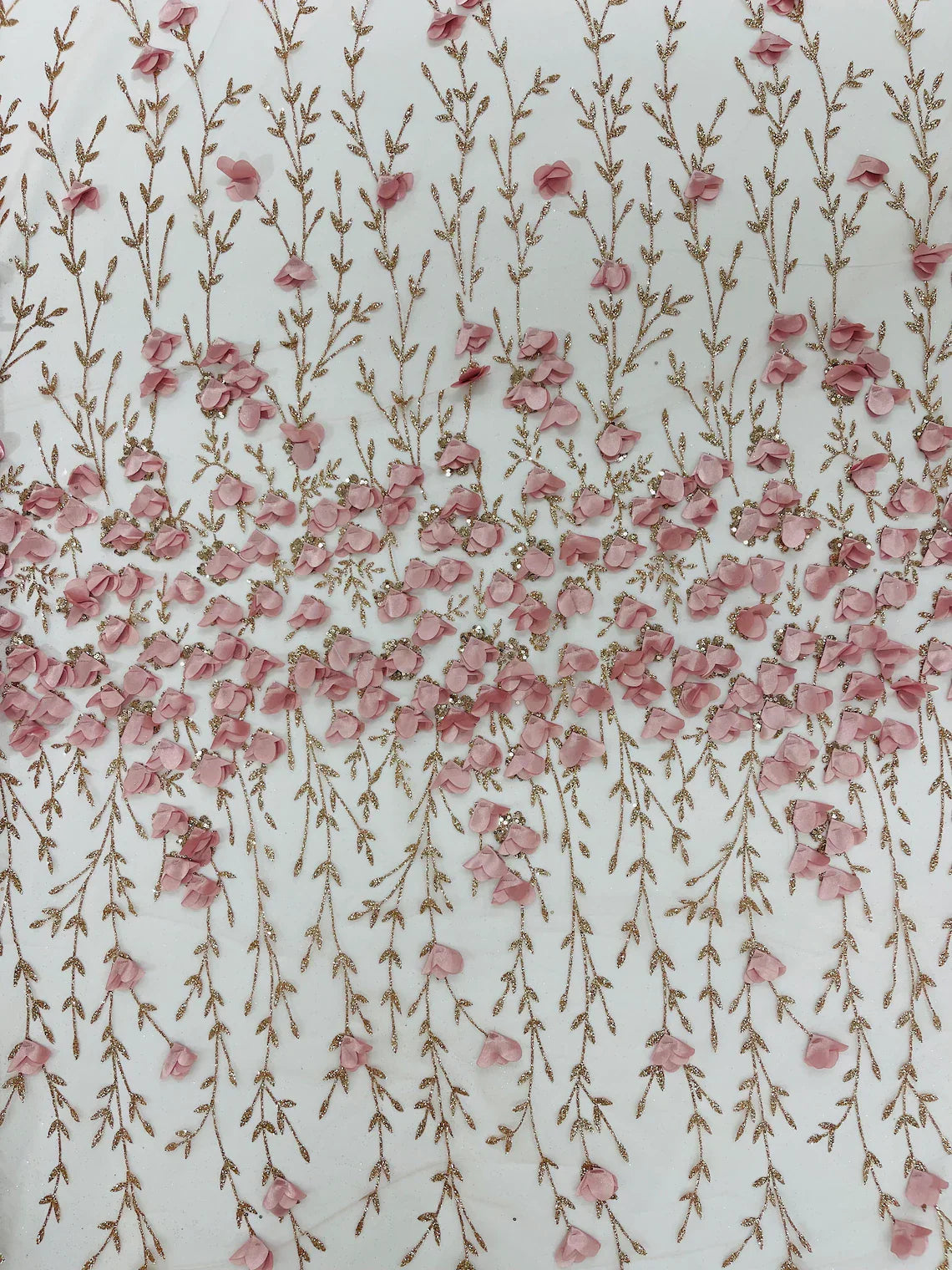 3D Flower Glitter Fabric - Dusty Rose - Flower Design on Glitter Mesh Fabric Sold By Yard