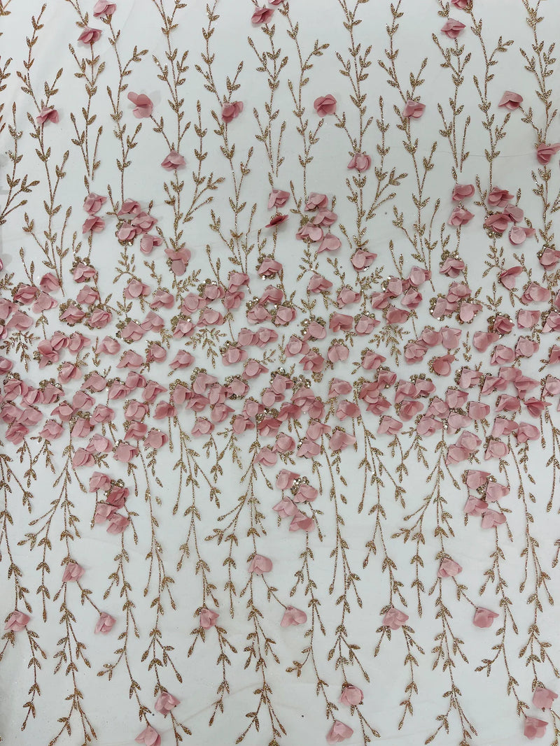 3D Flower Glitter Fabric - Dusty Rose - Flower Design on Glitter Mesh Fabric Sold By Yard