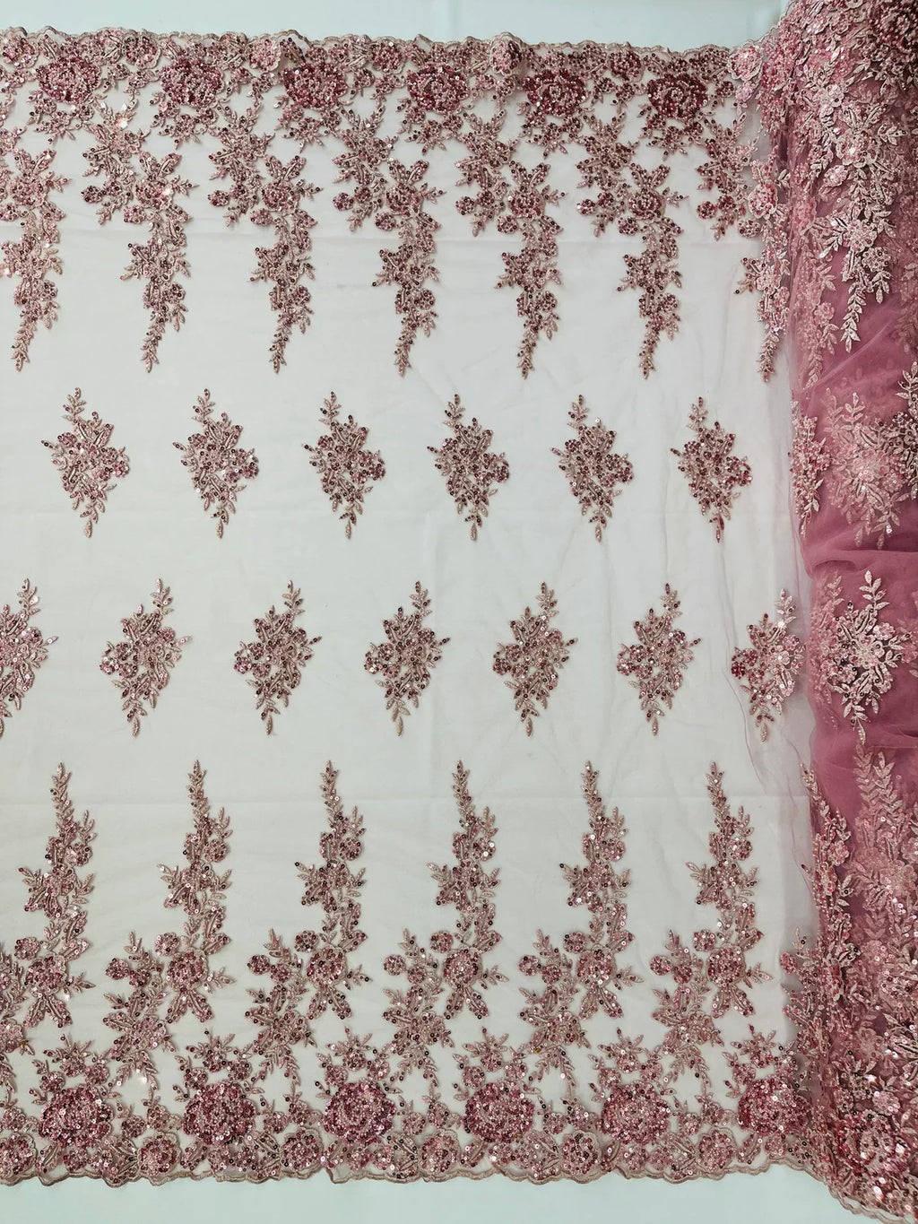 Beaded Rose Flower Fabric - Dusty Rose - Embroidered Beaded Long Border Floral Fabric By Yard