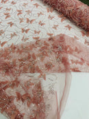 3D Butterfly Beaded Fabric - Dusty Rose - Beaded Sequins Butterfly Embroidered Fabric By Yard