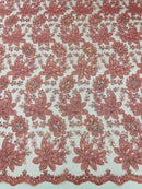 Corded Lace Floral Fabric - Dusty Rose - Hologram Sequins Metallic Thread Floral Fabric by Yard