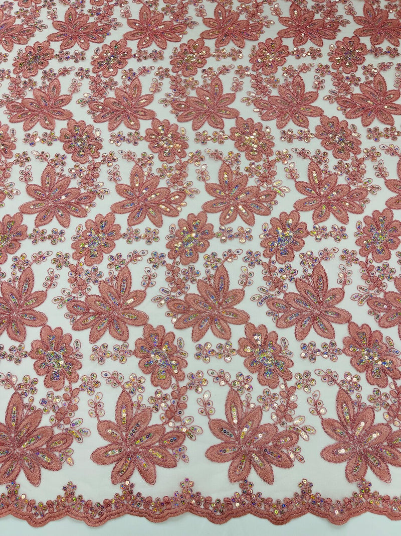Corded Lace Floral Fabric - Dusty Rose - Hologram Sequins Metallic Thread Floral Fabric by Yard