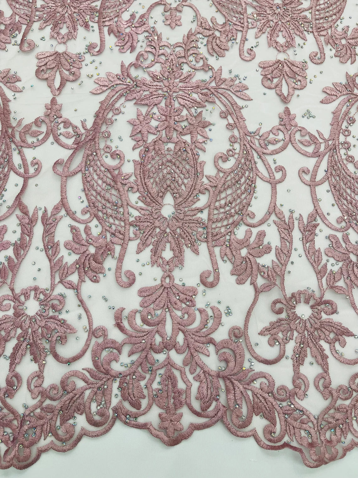 Damask Rhinestone Fabric - Dusty Rose - Beaded Embroidery Corded Lace Fabric Sold by Yard