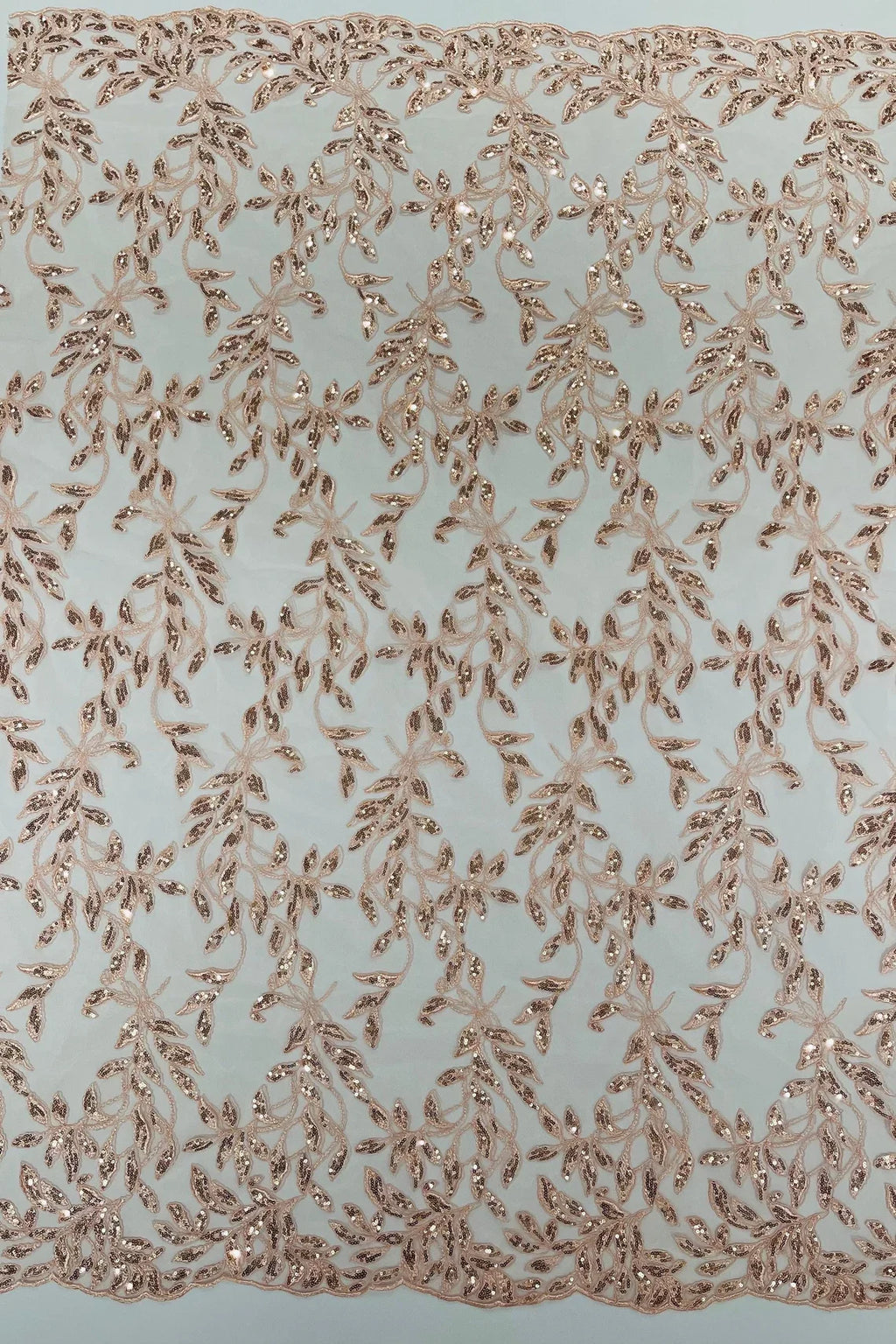 Metallic Thread Leaf Design - Dusty Rose - Embroidered Leaf With Sequins Design on Mesh Lace Fabric by the Yard