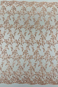 Metallic Thread Leaf Design - Dusty Rose - Embroidered Leaf With Sequins Design on Mesh Lace Fabric by the Yard