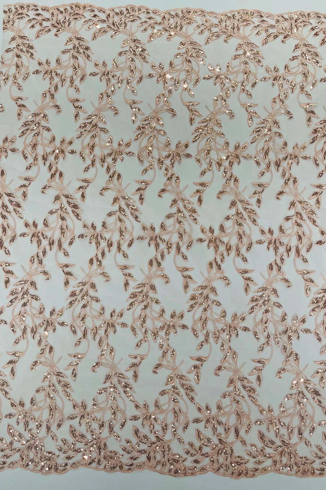 Metallic Thread Leaf Design - Dusty Rose - Embroidered Leaf With Sequins Design on Mesh Lace Fabric by the Yard
