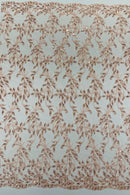 Metallic Thread Leaf Design - Dusty Rose - Embroidered Leaf With Sequins Design on Mesh Lace Fabric by the Yard