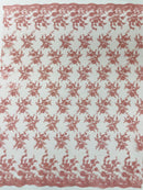 Embroidered Corded Lace Fabric - Dusty Rose - Cluster Fancy Flower Embroidered Lace Fabric By Yard