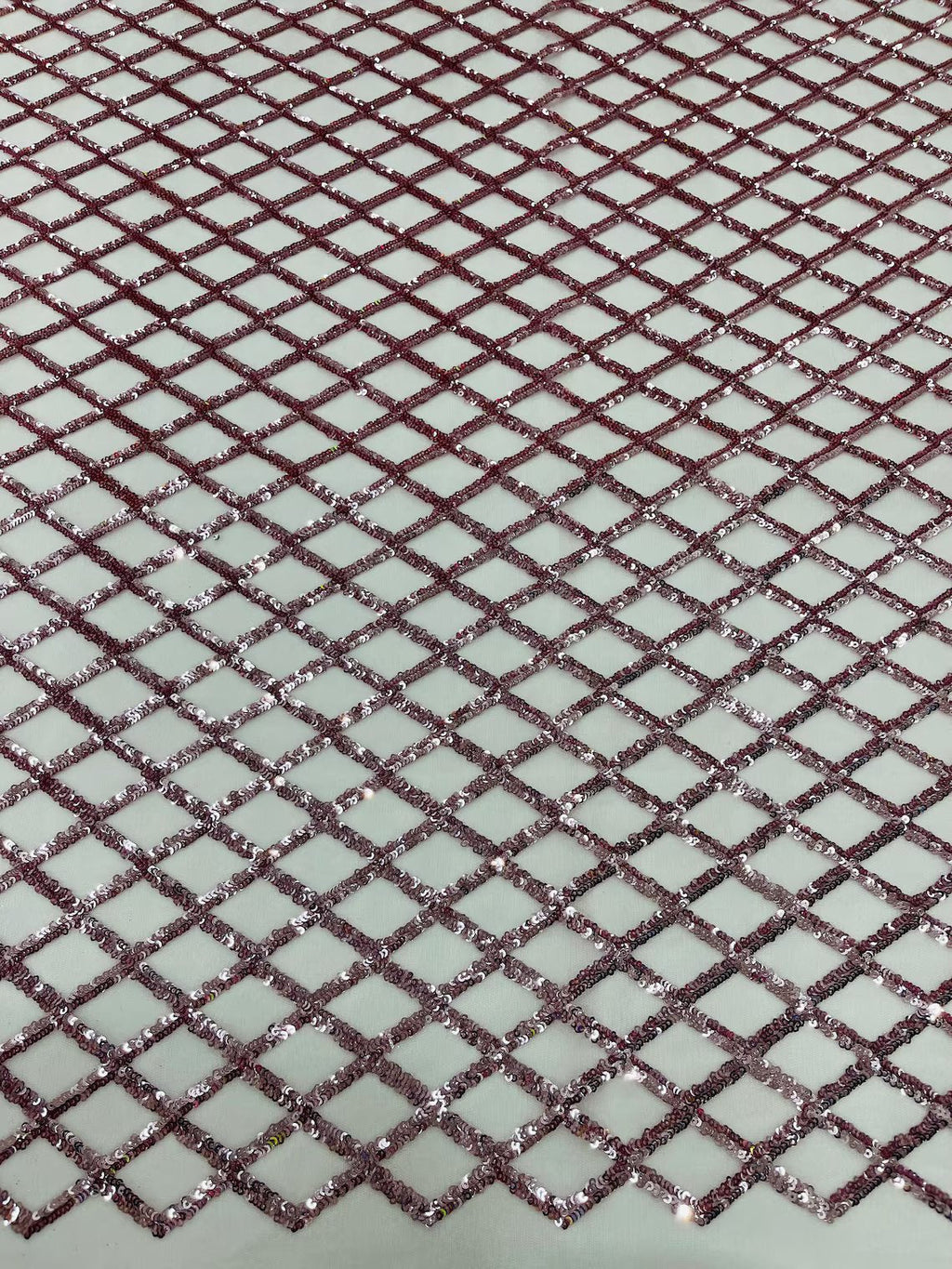 Diamond Sequins Fabric - Dusty Rose - Diamond Geometric Net Design on Mesh Lace Fabric By Yard