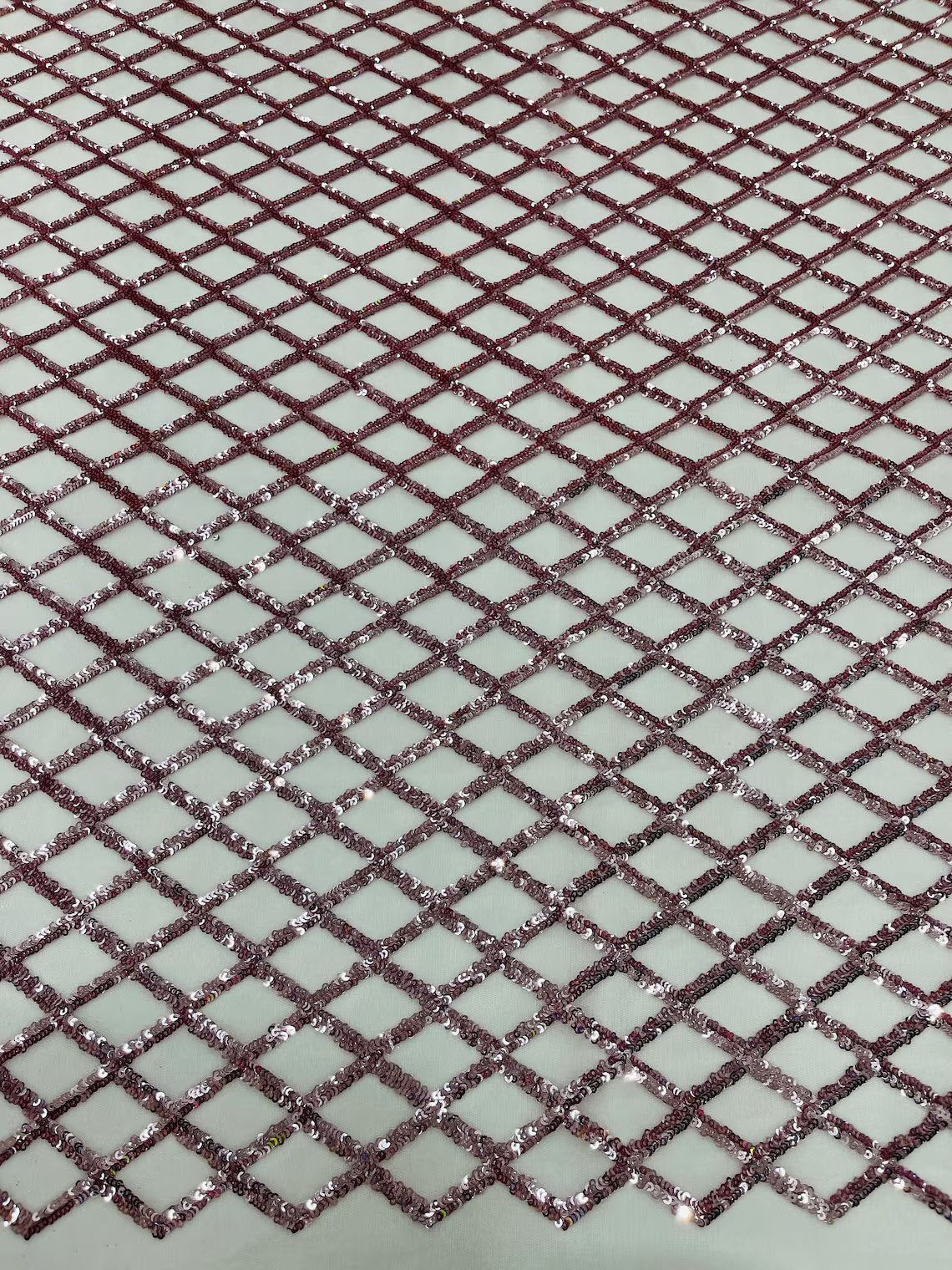 Diamond Sequins Fabric - Dusty Rose - Diamond Geometric Net Design on Mesh Lace Fabric By Yard
